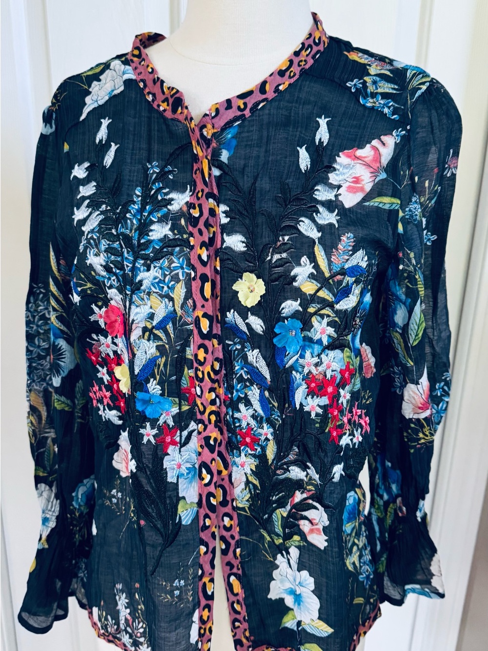 Floral Embroidered Black Sheer Button-Front Women's Top